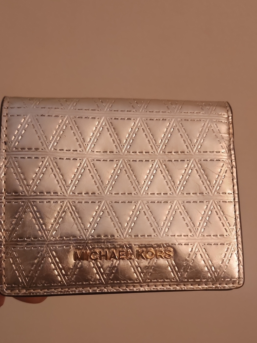 Michael Kors Metallic Silver Leather With Gold Logo Compact   Bi Fold Wallet